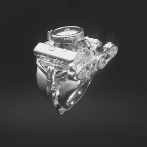 CHEVY 396 BIG BLOCK W/AIR CLEANER, ALTERNATOR & POWER STEERING PUMP STERLING SILVER ENGINE RING