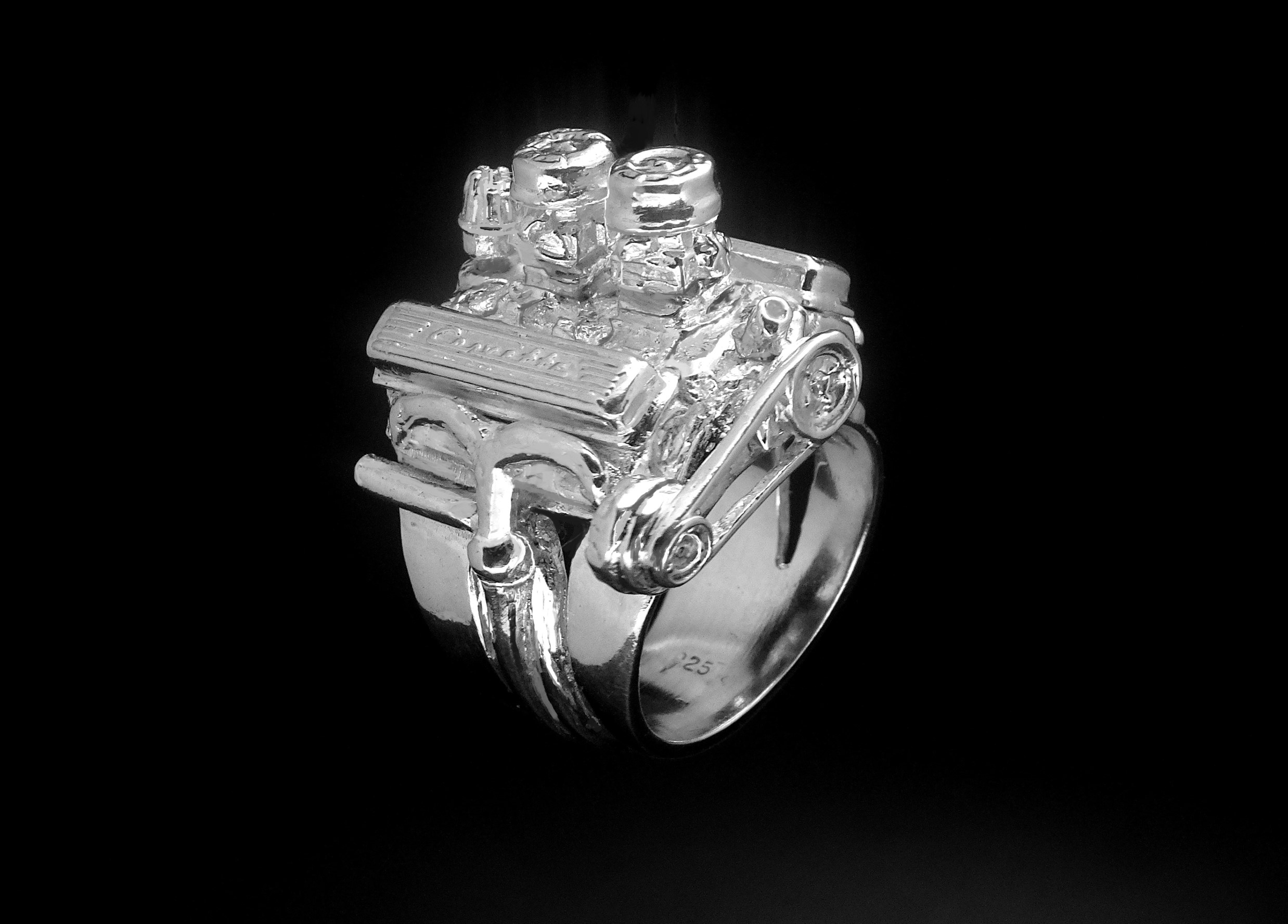 CHEVY 283 22'S W/ AIR CLEANERS STERLING SILVER ENGINE RING The