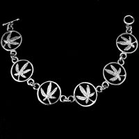 CANNABIS LEAF-CHAIN LINK STERLING SILVER BRACELET