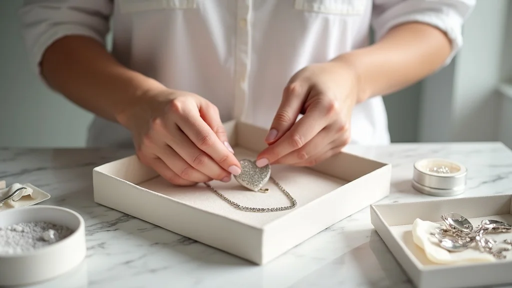 Person cleaning and storing sterling silver jewelry in velvet-lined box with care supplies