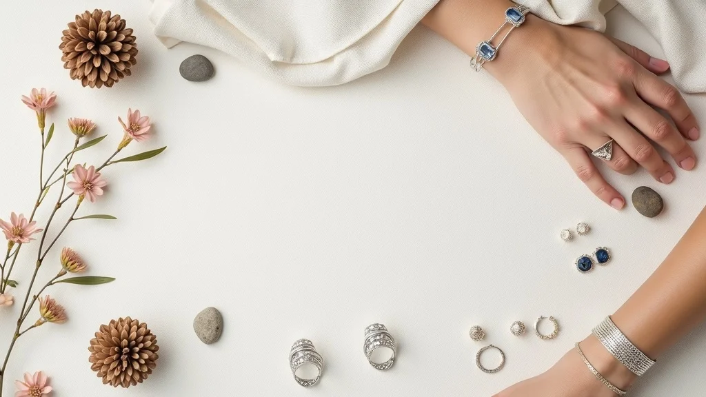 Modern flat lay of handmade stud earrings, cuff bracelets and unique silver accessories on linen background