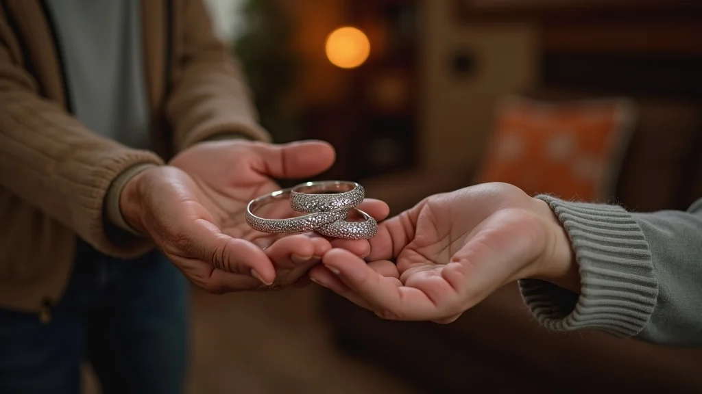 Elder passing handcrafted silver bracelet to young adult in emotional family moment