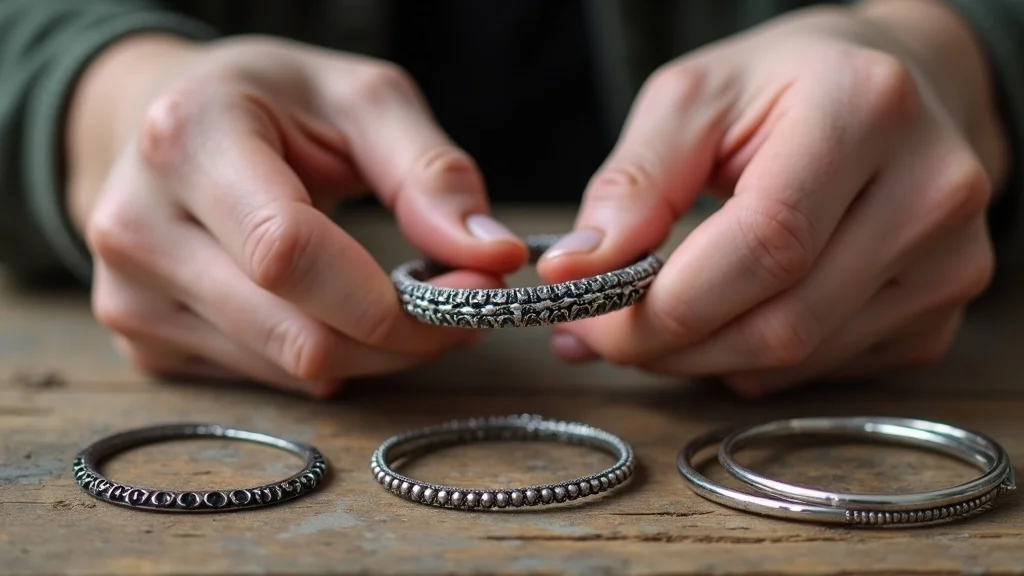 Comparing unique handcrafted silver bracelet to identical mass-produced bracelets on wooden tabletop